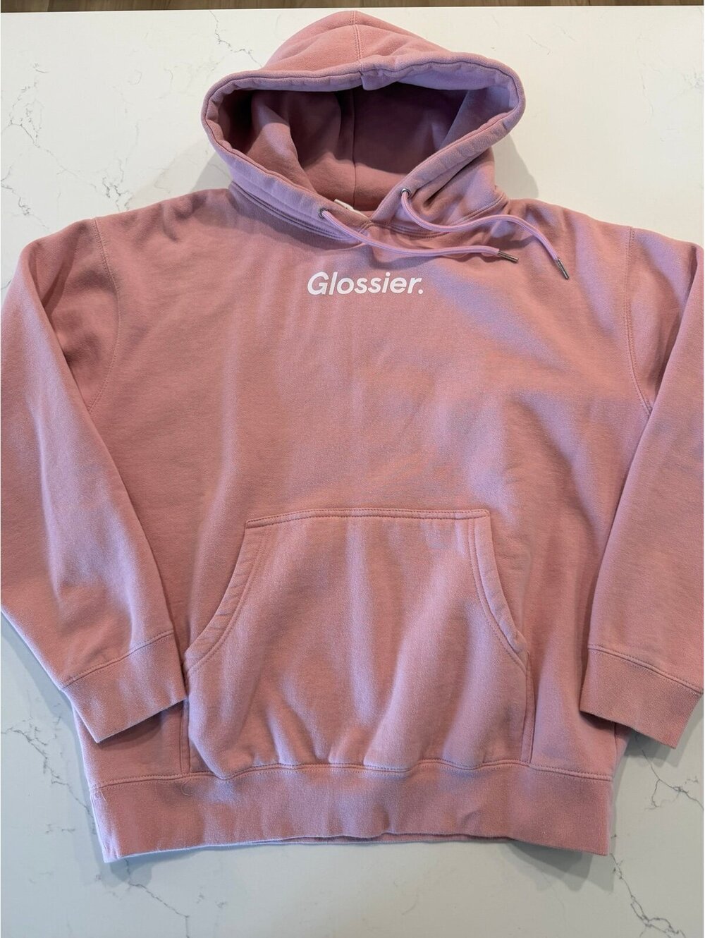 Glossier Original Pink Hoodie Sweatshirt Medium M Pullover Smiley Wave Back